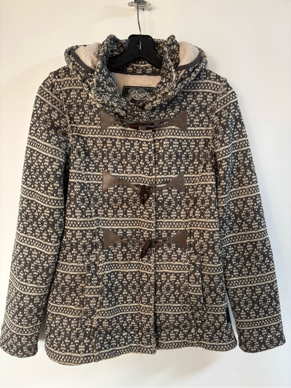 Roots Gray & Cream Hooded Toggle Pea Coat